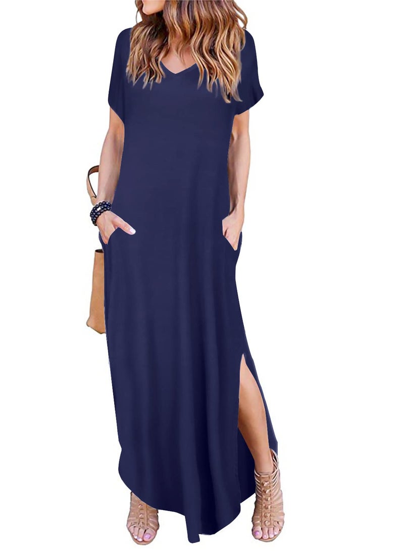 Arolina Women Summer Maxi Dress Short Sleeve V Neck Casual Loose Long Split Dresses Beach Vacation Sundress with Pockets Navy Blue - Image 1